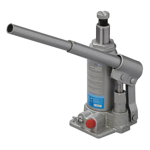 Hydraulischer Wagenheber - Werkstatteinrichtung mit Sicherheitsventil und verstellbarer Hubhöhe durch Hebelstange, ideal für sicheres Arbeiten an Fahrzeugen.