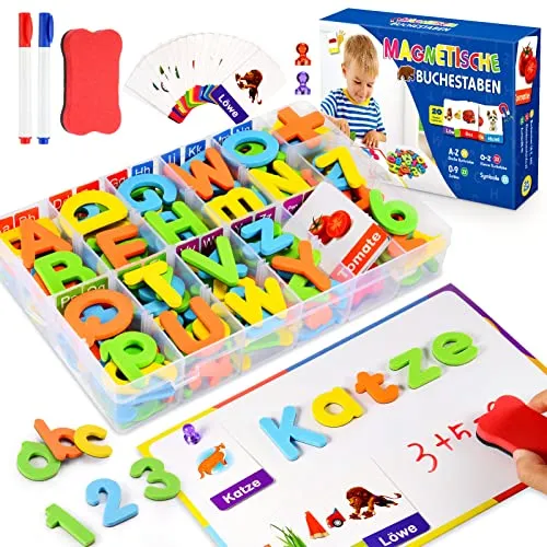 Jinxful Lernspiele ab 3 4 5 6 7 Jahre, Magnetische Buchstaben und Zahlen für Kinder Spielzeug ab 3-7 Jahre Junge Buchstaben Lernen Geschenk Mädchen 3 4 5 6 7 Jahre Montessori Spielzeug (199 Stück)
