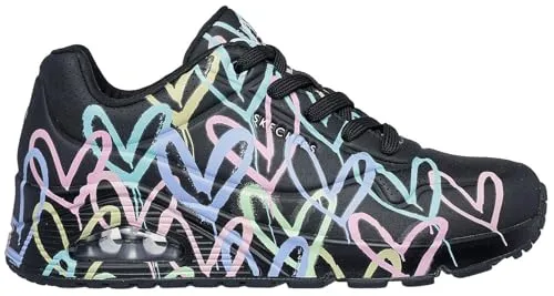 Skechers Uno - Spread the Love Damenschuhe - Sportlicher Schnürer in Schwarz mit auffälligem Herzprint und ultraweicher Textildecksohle für optimalen Komfort – perfekt für Freizeit und Casualwear.