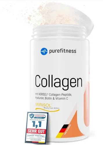 Purefitness Verisol® Collagen Pulver 450 g - Hochdosiertes Kollagen für Haut, Haare und Knochen - Kollagen-Präparate mit patentierten Verisol® Peptiden, Hyaluron, Biotin & Vitamin C für eine gesunde Haut und Haare. Löslich in jedem Getränk, geschmacksneutral und allergenfrei.