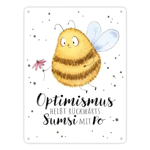 Pummel Biene Metallschild XL in 21x28 cm mit Spruch Optimismus heißt rückwärts Sumsi mit Po ein süßes Schild für Bienenhalter Hummel Honig Frühling Blechschild Blumenwiese