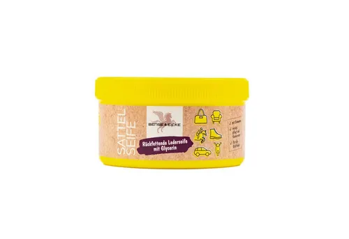 Bense & Eicke Sattelseife mit Schwamm, 250 ml - Schuhpflegemittel zur gründlichen Lederreinigung und -pflege. Die milde, hochkonzentrierte Seife mit Glycerin reinigt porentief und konserviert Glattleder wie Sättel, Stiefel und Taschen.