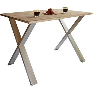 VCM Esstisch Xona X - Sonoma Eiche, 110 x 76 cm, eckig - Schreibtisch für 4 Personen mit pflegeleichter Oberfläche und stilvollem X-Fußgestell in Silber. Ideal für Esszimmer oder Küche, sorgt für einen modernen Look.