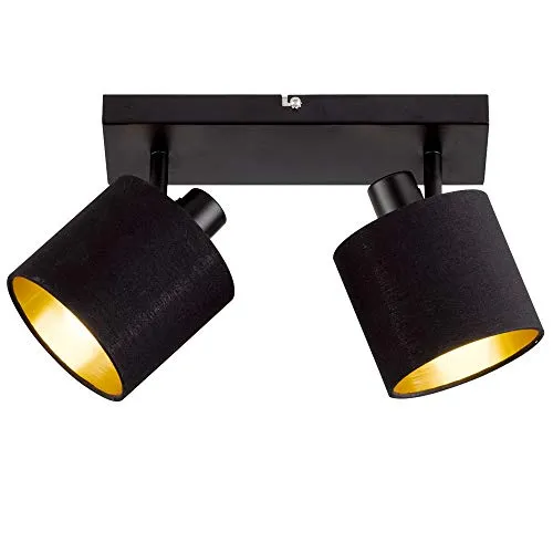Reality Leuchten Tommy R80332079 Spotbalken - Moderne 2-flammige Lampe in Schwarz Matt mit stilvollen Schwarz/Gold Stoffschirmen, dreh- und schwenkbar für flexible Lichtgestaltung. Ideal für Wohnräume.