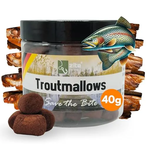 Zite Fishing Trout Mallows Forellenköder - Hochfängiger Forellenteig sinkend - Troutmallows Starke Aromen & Leuchtende Farben, 40g Dose, Forellen Köder für Grundmontage (Fisch braun)