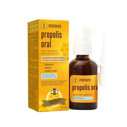 Medex Propolis Oral Spray, 30 ml - Propolis Mund- und Rachenspray mit Honig, Salbei und Echinacea. Ideal für die Pflege der Schleimhäute, 100% natürlich und ohne Alkohol. Praktischer Oral-Applikator für einfache Anwendung unterwegs.