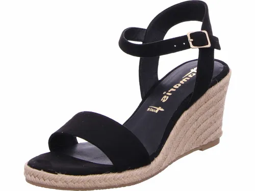 Tamaris Damen Plateau Sandalen - Vegan Keilabsatz in Schwarz, Größe 40 - Wanderschuhe mit 7,5 cm Absatzhöhe und veganem Textilobermaterial für stilvolle Eleganz und hohen Tragekomfort. Ideal für Damen, die Mode und Bequemlichkeit schätzen.