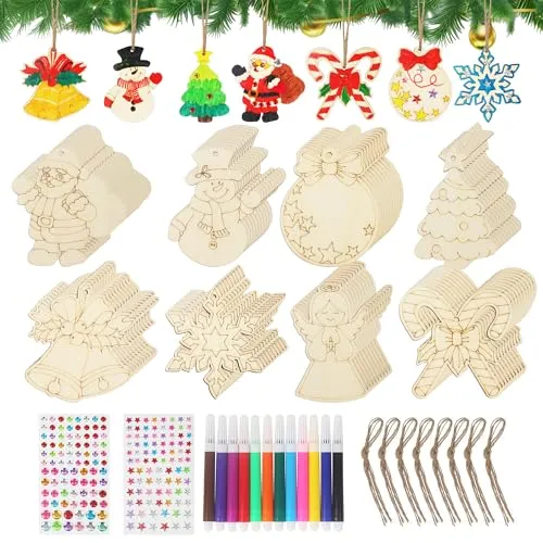 Stück Holzanhänger Weihnachten zum Bemalen, Holzbastelsets für Kinder, Freie Gestaltung von Weihnachtsanhänger Holz, Holz Basteln Kinder Weihnachten, Christbaumschmuck zum bemalen (8 Muster) 80