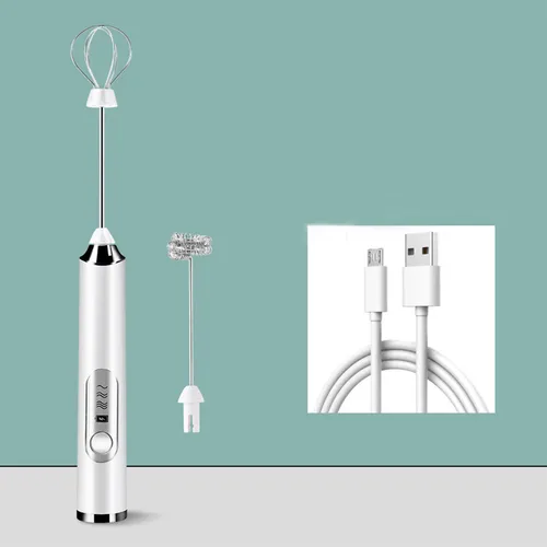 Milchaufschäumer mit 2 Köpfen Kaffee Schneebesen USB Wiederaufladbar Schaum Mixer Elektrische Mini Mixer Milchschäumer Silber