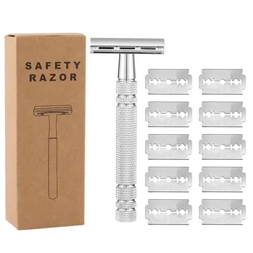 YPYMOD Rasierer Herren, Nassrasierer Herren, Handrasierer, 2-Seitigem Klingenkopf Safety Razor, Aus Edelstahl 10 Rasierklingen(Silber)