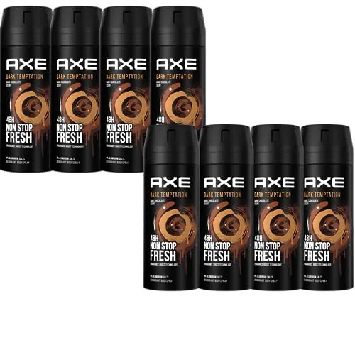 AXE Dark Temptation Deo Spray 8 x 150ml für Herren - Aluminiumfreies Deospray mit 48 Stunden Schutz vor Körpergeruch und unwiderstehlichem Duft von Schokolade und Amber – ideal für den modernen Mann.