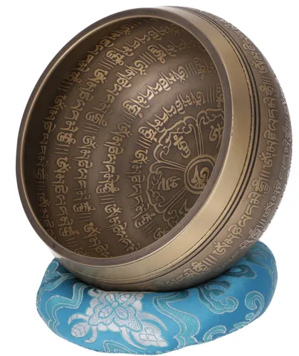 Handgearbeitete gravierte Klangschale mit Klöppel und Kissen - Klangschalen aus fair gehandeltem Bronze, Ø 16 cm, ideal für Meditation und Entspannung, Ethno-Stil aus Nepal.