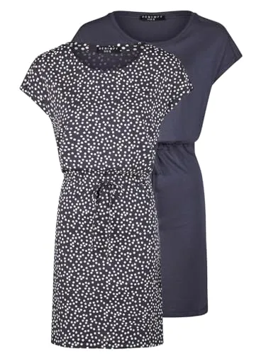 DENIMFY Sommerkleid Damen 2er Set DFBella - Trendige Midikleider für den Sommer - Freizeitkleider für Damen im 2er-Pack mit Rundhals und 1/4 Arm. Verstellbarer Kordelzug für eine schmeichelhafte Taille und luftiges Tragegefühl. Ideal für Strand und Freizeit.
