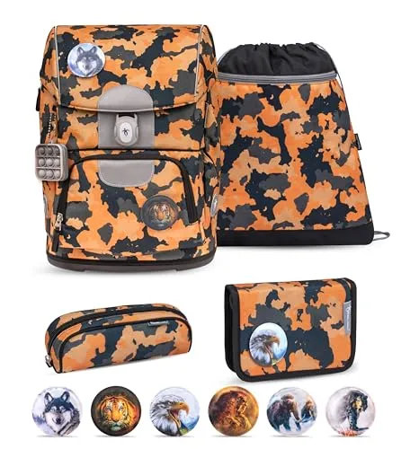 Belmil Motion ergonomisches Schulranzen Set 5-teilig aus recyceltem Material mit Brustgurt, Hüftgurt, Magnetverschluss, Patch Set 6 Stück (405-74/AG/S) (Red Dots 2)