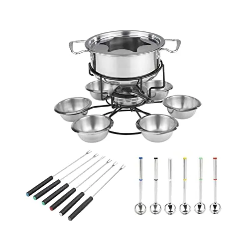 Fondue Set für 6 Personen aus Edelstahl - Fondues - Hochwertiges Fondue Set aus Edelstahl mit Spritzschutz, 6 Gabeln und Löffeln, perfekt für gesellige Abende mit Freunden und Familie.