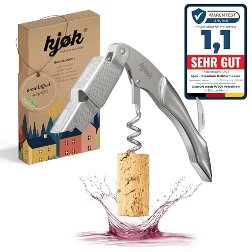 kjøk Premium Kellnermesser Edelstahl massiv und gebürstet mit Kapselschneider - Profi Sommeliermesser Weinöffner - edles Kellnerbesteck mit Korkenzieher, Flaschenöffner für Weinflaschen