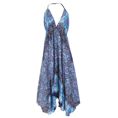 Boho Sommerkleid Magic Dress – Maxikleid Neckholder in Marine/Hellblau - Elegantes Maxikleid für Frauen mit V-Ausschnitt und lockerer Passform. Ideal für warme Tage, aus 100 % Viskose, fair gehandelt. Perfekt für Strand und Freizeit!