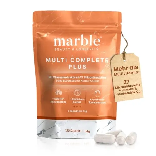 Marble Multi Complete Plus - 120 Kapseln für optimale Gesundheit - Vitamine: Deine tägliche Rundum-Versorgung mit 27 Mikronährstoffen und hochwertigen Pflanzenextrakten wie Ashwagandha und Ginseng für mehr Vitalität.