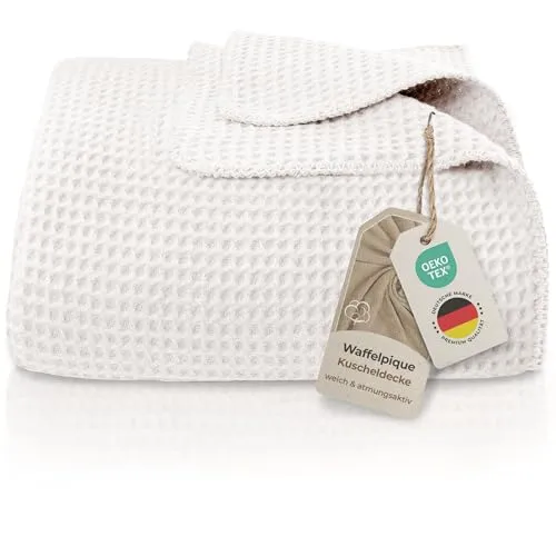 Wohndecke Waffelpique aus Baumwolle - Kuscheldecke in Beige - Bettdecken, weiche und stilvolle Baumwolldecke in Creme, ideal für gemütliche Abende auf der Couch, Maße 220 cm x 240 cm.