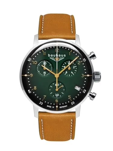 Bauhaus 2096-4 Chronograph Herrenuhr silberfarben mit grünem Zifferblatt & Lederband