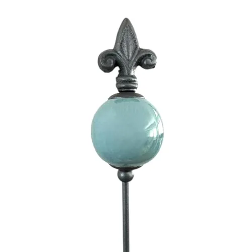 naninoa Metall Stecker französische Lilie. Gartenstecker mit Keramik-Kugel. Gartendeko Gartenverzierung. blau Aqua 80 cm.