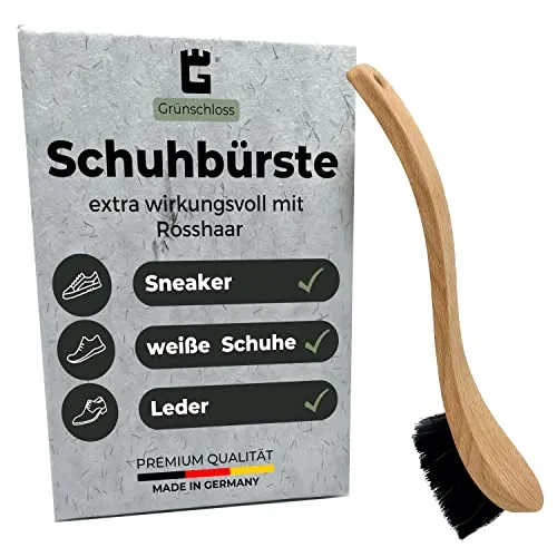 Grünschloss Schuhbürste Sneaker Reiniger weiß – Hochwertiger Schuhreiniger Made in Germany mit wirkungsvollem Rosshaar ideal für weiße Schuhe, Sneaker, Leder, UVM. - Schuhputzbürste Schuhputzer