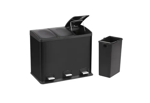 HAC24 Edelstahl Mülleimer mit 3x 12 Liter Inneneimern - Haushaltszubehör, eleganter schwarzer mattierter Edelstahl-Mülleimer mit praktischem Fußtrittmechanismus und herausnehmbaren Inneneimern für einfache Entsorgung.