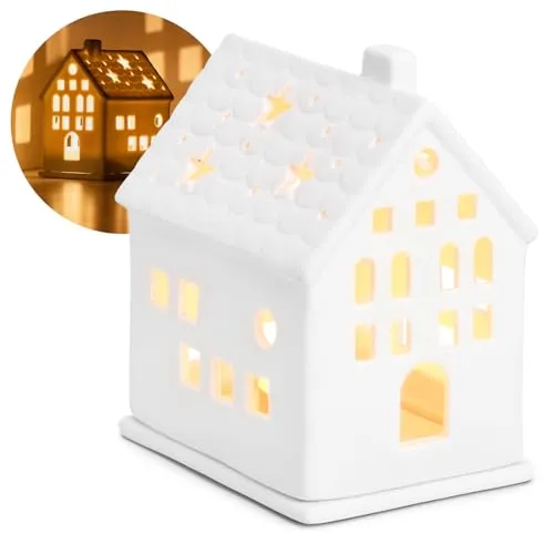 com-four® Teelichthaus aus Porzellan - Häuschen aus mattem Porzellan mit Teelichtuntersatz - Leuchthaus - Stilvolle Raumdekoration in Form eines Hauses (13.5 cm)