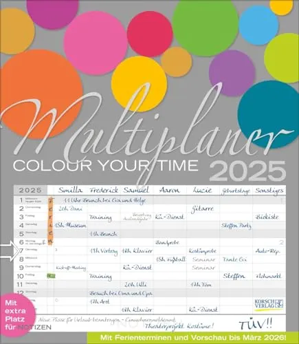 Wandkalender 2025 Multiplaner - Colour your time: Familienplaner, 7 breite Spalten. Großer Familienkalender mit Ferienterminen, extra Spalte, Vorschau für 2026 und Datumsschieber. Format: 40x46 cm