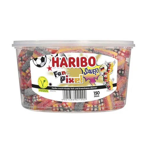 Haribo Fan Pixel schwarz rot gold sauer 150 Stück Packung 1200g