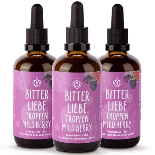 BitterLiebe Bittertropfen Berry mild - Alkoholfreie Bitterstoffe mit fruchtigem Geschmack - Erleben Sie mit BitterLiebe die fruchtig-herben Bittertropfen für Ihr tägliches Wohlbefinden. Ideal zur Unterstützung der Verdauung und zur Kontrolle von Süßhunger – ganz ohne Alkohol!