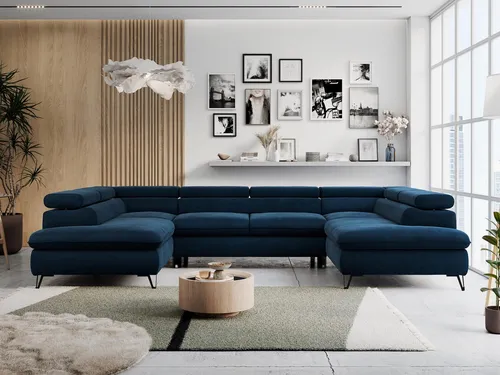 Sofa U-Form Peter - Dunkelblau Velvet mit Schlaffunktion - Stylisches U-Form Sofa mit Schlaffunktion und Bettkasten für viel Stauraum. Verstellbare Kopfstützen sorgen für optimalen Sitzkomfort. Ideal für Ihr modernes Wohnzimmer!