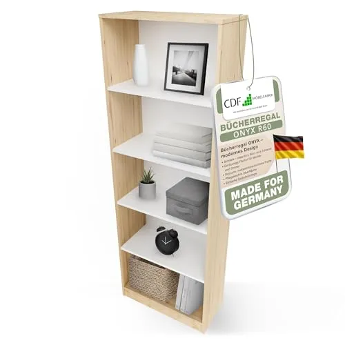 CDF Bücherregal Regal Standregal Büroregal für Ordner Spielzeug Büro Wohnzimmer Homeoffice Bücherschrank zur Aufbewahrung Dokumenten Dekoration Robuste Konstruktion - Eiche Artisan/Weiß 60cm