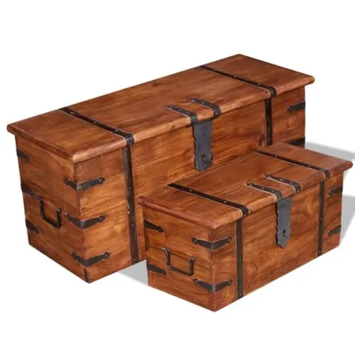 vidaXL 2-tlg. Truhen Set Massivholz - Sitzbänke aus handgefertigtem Akazienholz mit honigfarbenem Finish, ideal für stilvolle Aufbewahrung und vielseitig als Couchtisch nutzbar.