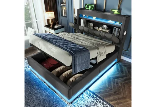Beige Polsterbett 90x200cm mit Stauraum und USB-Anschlüssen - Moderner Einzelbett-Rahmen mit hydraulischem Stauraum und LED-Beleuchtung. Ideal für die Aufbewahrung von Alltagsgegenständen. Perfekt für praktischen Einsatz im Schlafzimmer.