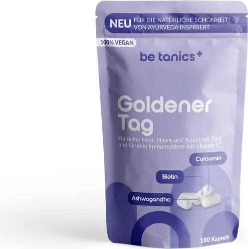 be tanics Goldener Tag für Haut/Haar/Nägel mit Zink und Vitamin C - Nahrungsergänzungsmittel zur Unterstützung der Schönheit von Haut, Haaren und Nägeln. Mit Zink und Vitamin C für eine optimale Nährstoffversorgung.
