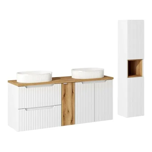Lomadox Badezimmer Badmöbel Set 2-teilig mit 140cm Waschtisch - Komplettprogramm für Badezimmer mit elegantem, minimalistischem Design - Ideal für kleine Badezimmer dank reduzierter Tiefe und Softclose-System für sanftes Schließen.