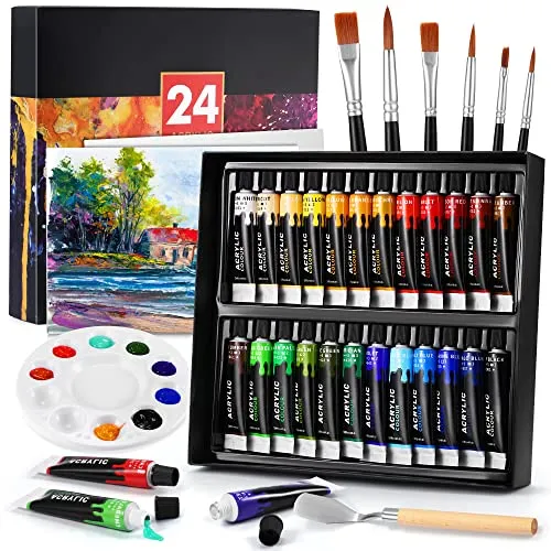 DazSpirit 24 Farben Acrylfarben Set mit 6 Pinselset+2 Leinwand+1 Mischpalette+1Mischmesser, Akrylfarbenset für Künstler, Anfänger & Kinder, Acryl Farben für DIY Steine, Holz, Lichtecht, Mischbar