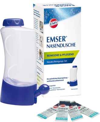 EMSER Nasendusche mit 4 Btl. Nasenspülsalz - Praktische Nasendusche zur Unterstützung der Nasenpflege, inklusive 4 Beutel Nasenspülsalz für eine einfache Anwendung.