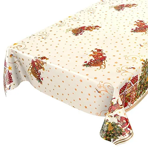 ANRO Wachstuchtischdecke Wachstuch Wachstischdecke Tischdecke Weihnachten Weihnachtsmann Beige Sterne 140x140cm