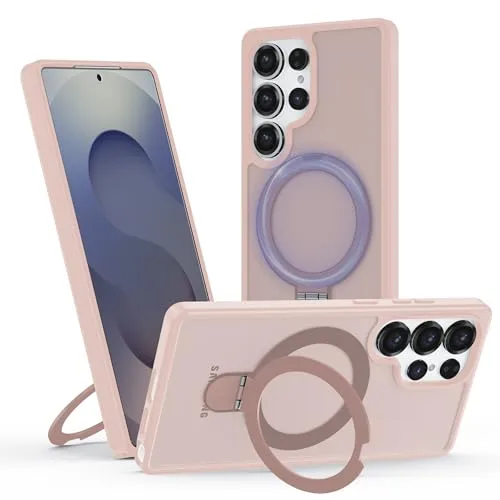 Hülle für Samsung Galaxy S24 Ultra mit Magsafe, [ Magnetischer Ständer Unsichtbarer Standring ] Stoßfest Handyhülle Case Matt Kratzfeste Schutzhülle für Samsung Galaxy S24 Ultra, rosa