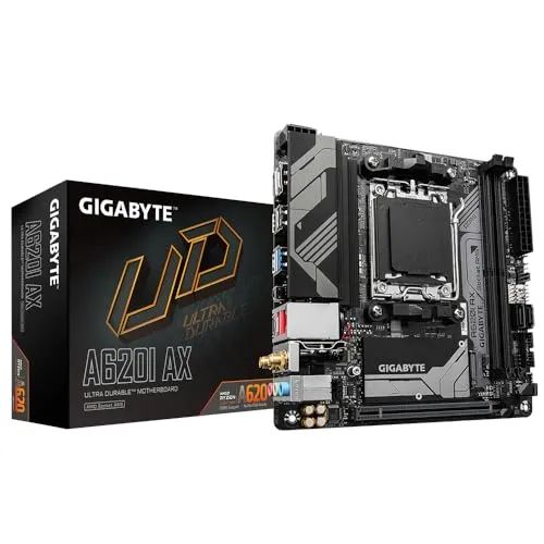 GIGABYTE A620I AX Motherboard - High-Performance für AMD Ryzen 8000 CPUs - Mainboard für AMD Sockel AM5 mit 5+2+1 Phasen Digital VRM, unterstützt bis zu 6400MHz DDR5 und bietet Wi-Fi 6E für blitzschnelle Netzwerkverbindungen.