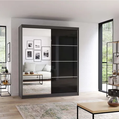 Schwebetürenschrank Multi 31 - 183 cm Schwarz mit Spiegel - Eleganter Schwebetürenschrank in Schwarz mit Spiegelfront, ideal für kleine Räume. Bietet viel Stauraum mit Kleiderstange und geräumigen Einlegeböden.