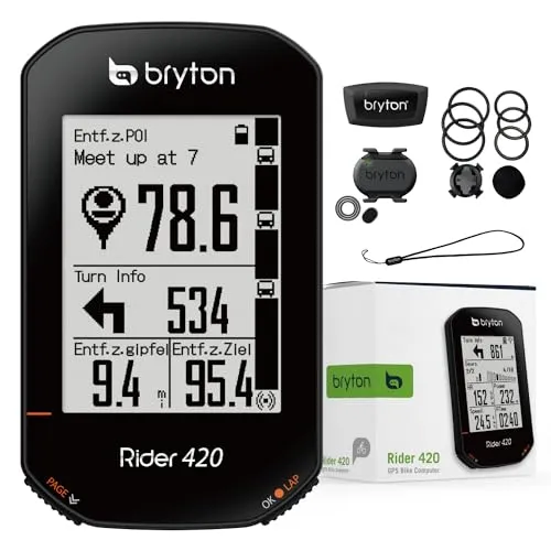 Bryton Rider 420 Sensor Bundle - Kabelloser GPS-Fahrradcomputer - Fahrradcomputer mit 2,3 Zoll LCD-Display, Straßennavigation und über 80 Funktionen, ideal für präzise Streckenaufzeichnung und Datenanalyse.