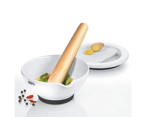 GEFU GF35340 Porzellanmörser SURI mit Ingwerreibe - Mörser & Stößel Sets: Zwei-in-eins Design kombiniert Ingwerreibe und Mörser für feine Ergebnisse; rutschfest mit Silikonfuß und spülmaschinengeeignet für einfache Reinigung.