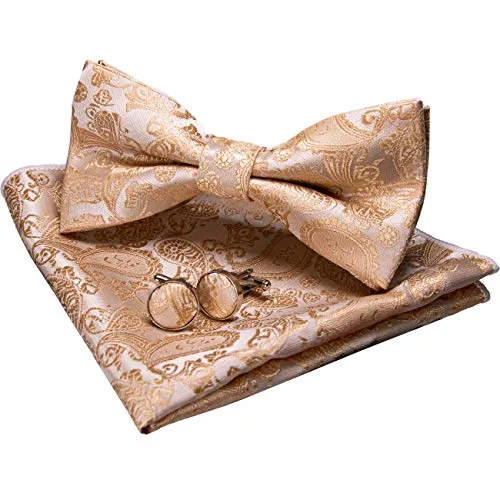 JEMYGINS Gold Paisley Fliege und Einstecktuch mit Manschettenknöpfe Sets für Herren (Gold2)