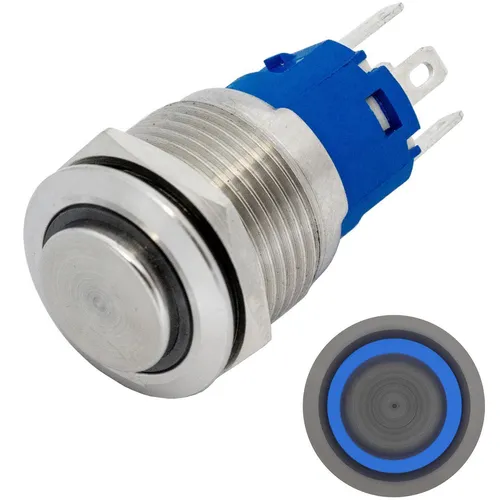 Edelstahl Druckschalter erhaben Ø19mm Ring LED Blau IP65 2,8x0,5mm Pins 250V 3A 