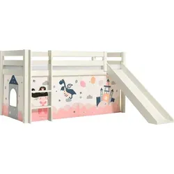 Kinderbett mit Rutsche Karolina - Massivholz Weiß mit Textilset Sophie - Modernes Spielbett mit Rutsche und Textilset im Design 'Princess Sophie'. Massivholz, sichere Konstruktion und vielseitige Nutzung des Raumes unter dem Bett. Einfacher Aufbau durch beiliegende Anleitung.
