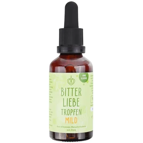 BitterLiebe® Bittertropfen ohne Alkohol 50ml - Hochdosierte Bitterstoffe nach Hildegard von Bingen - Pflanzliche Ergänzungsmittel mit hochdosierten Bitterstoffen ohne Alkohol, ideal zur Unterstützung des Wohlbefindens und perfekt nach dem Essen. Vegan und Made in Germany.