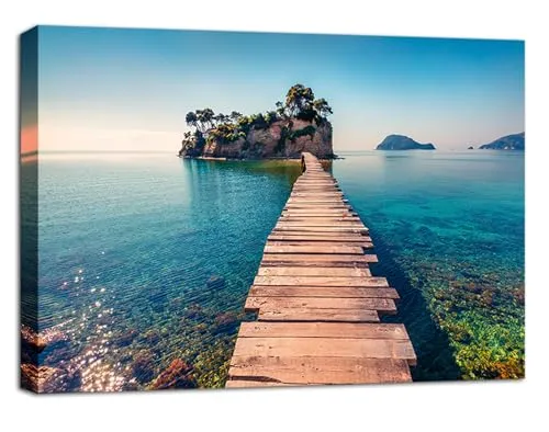 Visario Leinwandbild 120x80 cm 5033 Steg zur Insel Meer Strand Natur Panorama - Wandbild Wohnzimmer Schlafzimmer Büro - Kunstdruck auf Leinwand mit echtem Holzrahmen fertig aufgespannt -